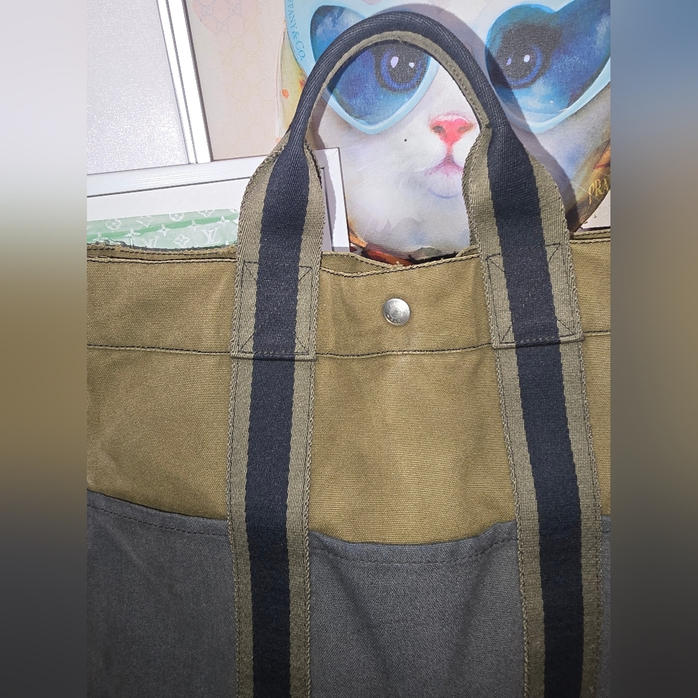 Hermès Striped Olive 🫒 Green & Blue Large Tote (GUC)(SEE PICS) - Picture 2 of 12